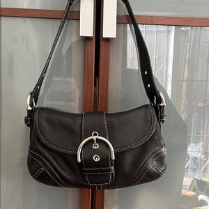 Coach Vintage Black Leather Shoulder Bag with Silver Buckle